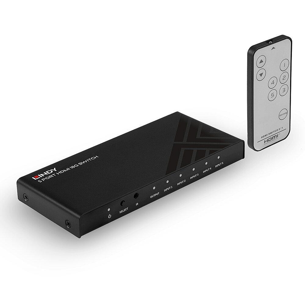 Lindy 5 Port HDMI 18G Switch Technical details Specifications AV Interface: HDMI Interface Standard: HDMI 2.0 Supports Bandwidth: 18Gbps Maximum Resolution: 3840x2160@60Hz 4:4:4 8bit HDCP Support: HDCP 2.2 Supported Audio: Audio Pass-through Separate Audio Ports: - IR Support: 38kHz CEC Support