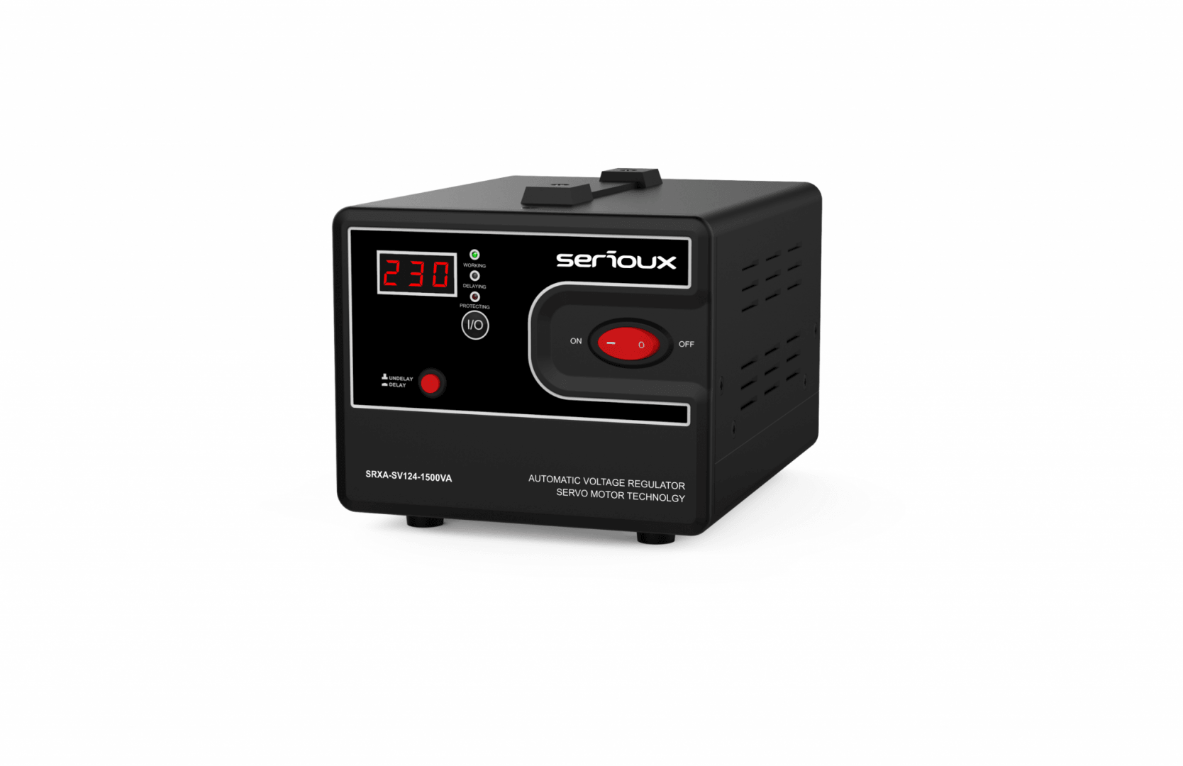 Stabilizator de tensiune Serioux Servo 124-1500VA, putere 1500VA/900W, tip servo motor, transformator toroidal+ Servo motor, interval tensiune intrare 150V ~ 260V, interval frecvența intrare 45Hz ~ 65Hz, tensiune de ieșire 230V, precizie de ieșire ±3%, prize: 2x Schuko, distorsiuni <3%, eficienţă