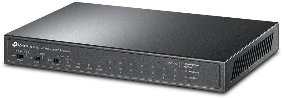 "8-Port 10/100Mbps + 3-Port Gigabit Desktop Switch with 8-Port PoE+ PORT: 8× 10/100 Mbps PoE+ Ports, 2× Gigabit Non-PoE Ports, 1× Gigabit SFP Slots SPEC: 802.3at/af, 124 W PoE Power, Desktop Steel Case FEATURE: Extend Mode for 250m PoE Transmitting, Isolation Mode, PoE Auto Recovery, Plug and Play"