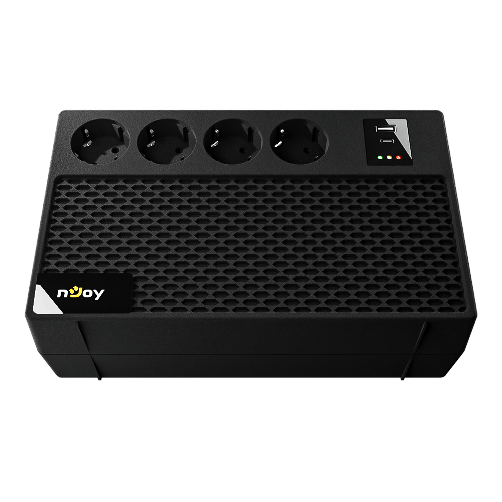 UPS nJoy Renton 650 Plus, 650VA / 360W, 4x prize Schuko conectate la baterie, 1x port incarcare USB Tip C 33W, 1x port de incarcare USB Tip A 18W, fara display LCD, tensiune nominala de intrare 230V Caracteristici Stabilizator (AVR) de tip Boost and Buck Functie auto-restart la revenirea tensiunii